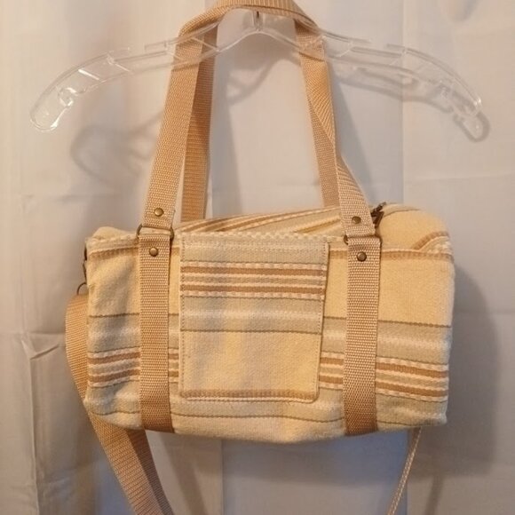 New Canvas Upholstery Mini Duffle Travel Bag Tan Sage embroidered Shoulder Cross - Picture 5 of 9